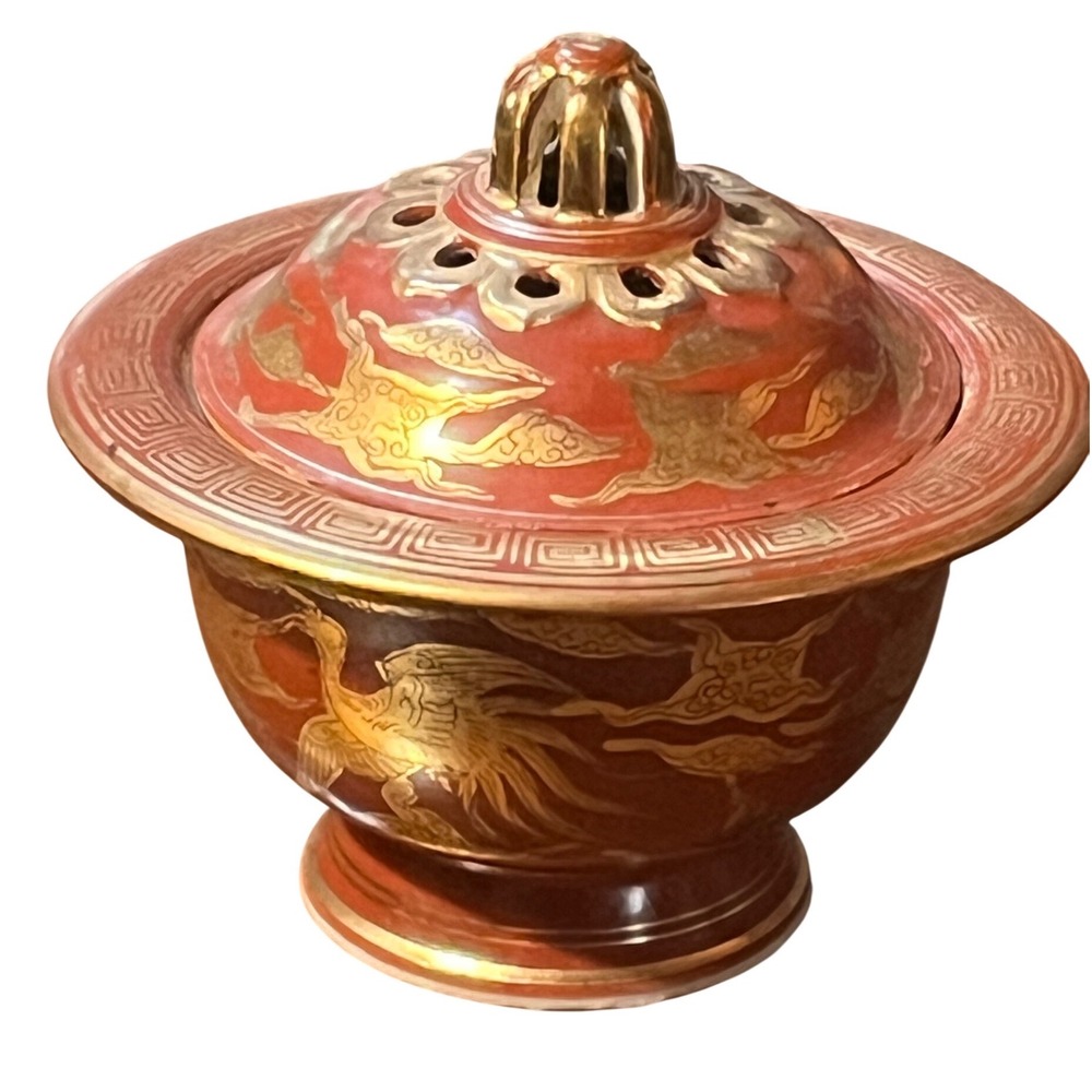 Japanese Kutani Porcelain Koro Incense Burner Meiji Taisho‎ Eiraku Red Gold READ